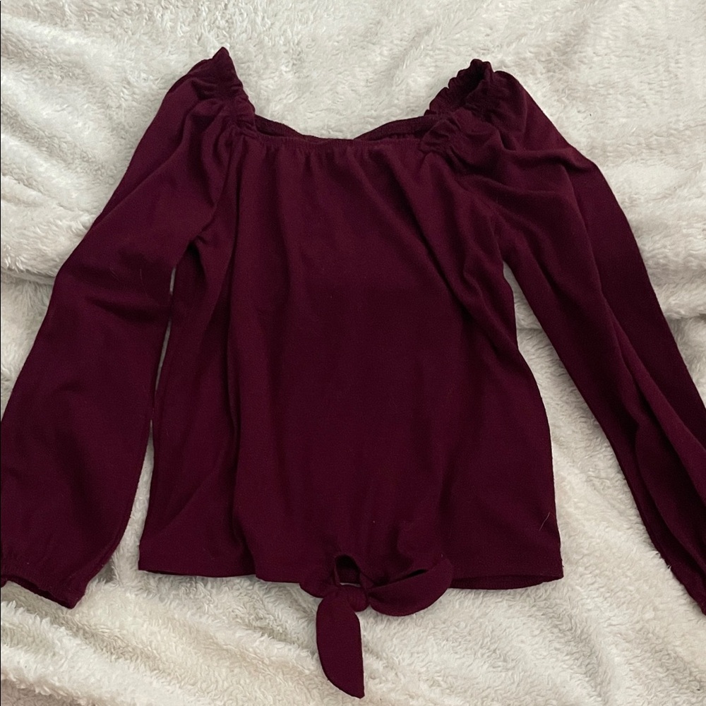 art class Girls Burgundy Off-Shoulder Long Sleeve Tie-Front Top